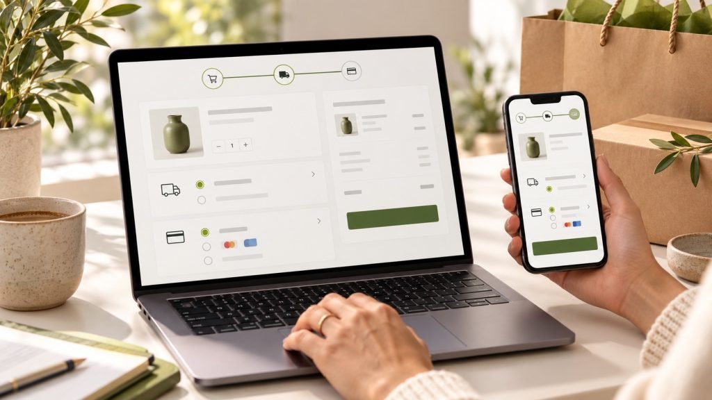 Laptop and smartphone displaying an online checkout with shipping and payment steps