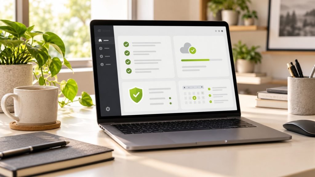 Laptop displaying a website maintenance dashboard with update, backup, and security checks