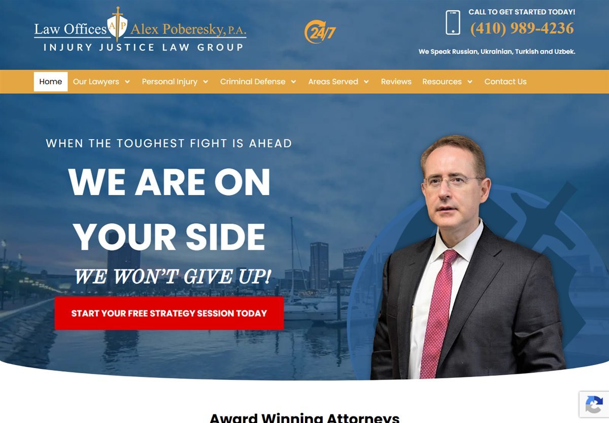Alex Poberesky law firm homepage hero with attorney portrait and a free strategy session call to action.