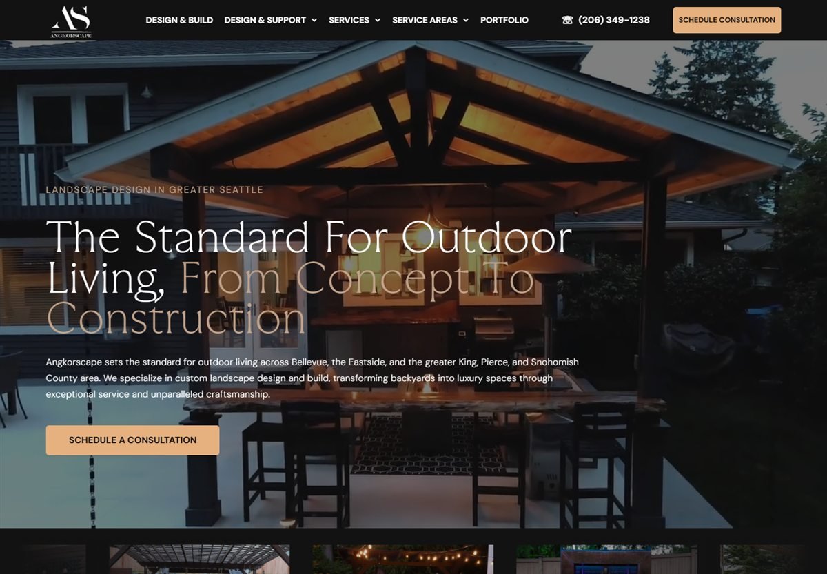 Angkorscape homepage hero showing a custom outdoor living project and consultation call to action.
