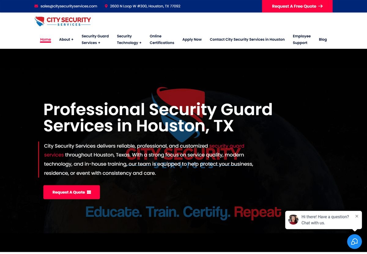 City Security Services homepage hero presenting Houston security guard services and a quote request.