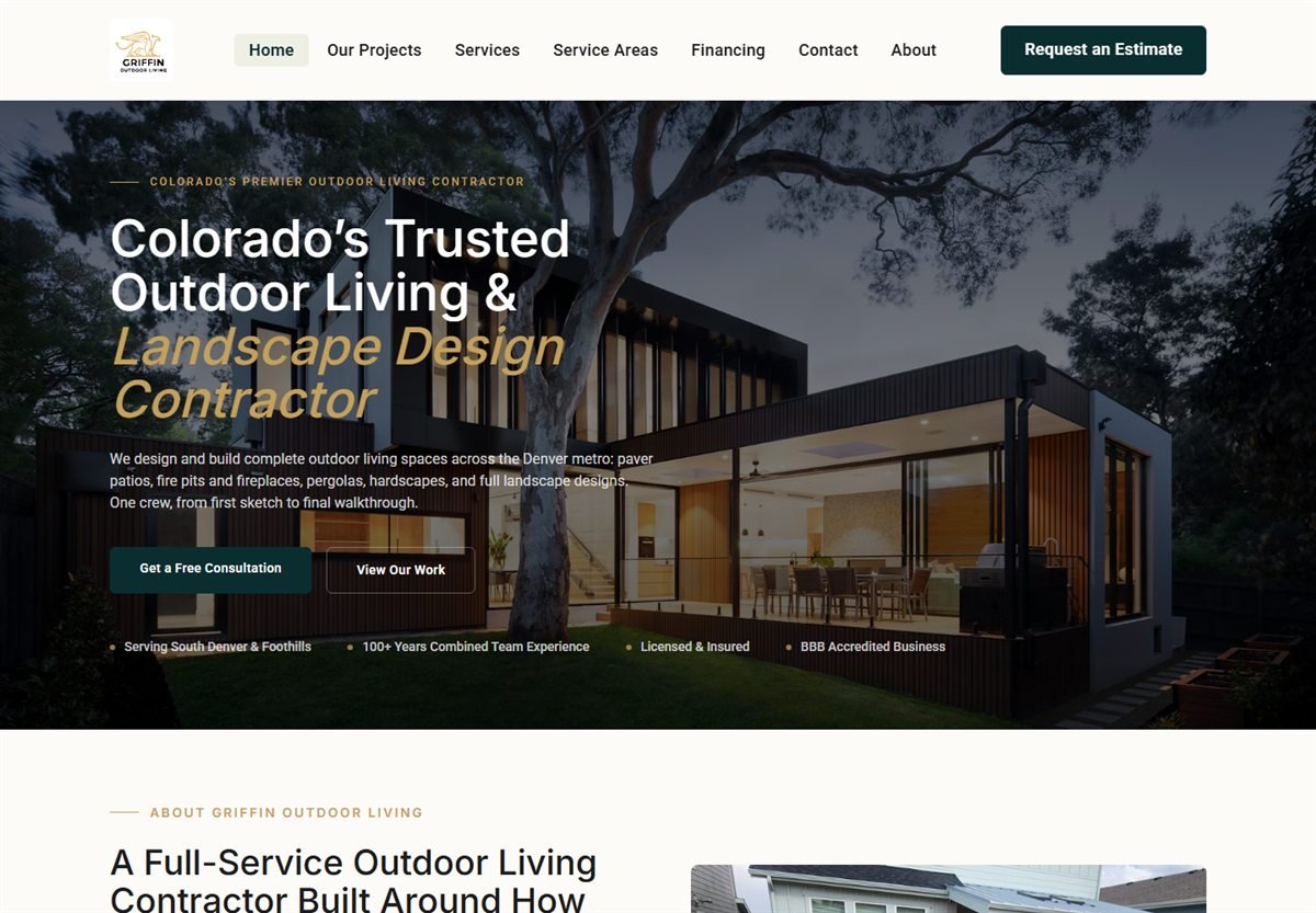 Griffin Outdoor Living homepage hero showing an outdoor living space and a consultation call to action.