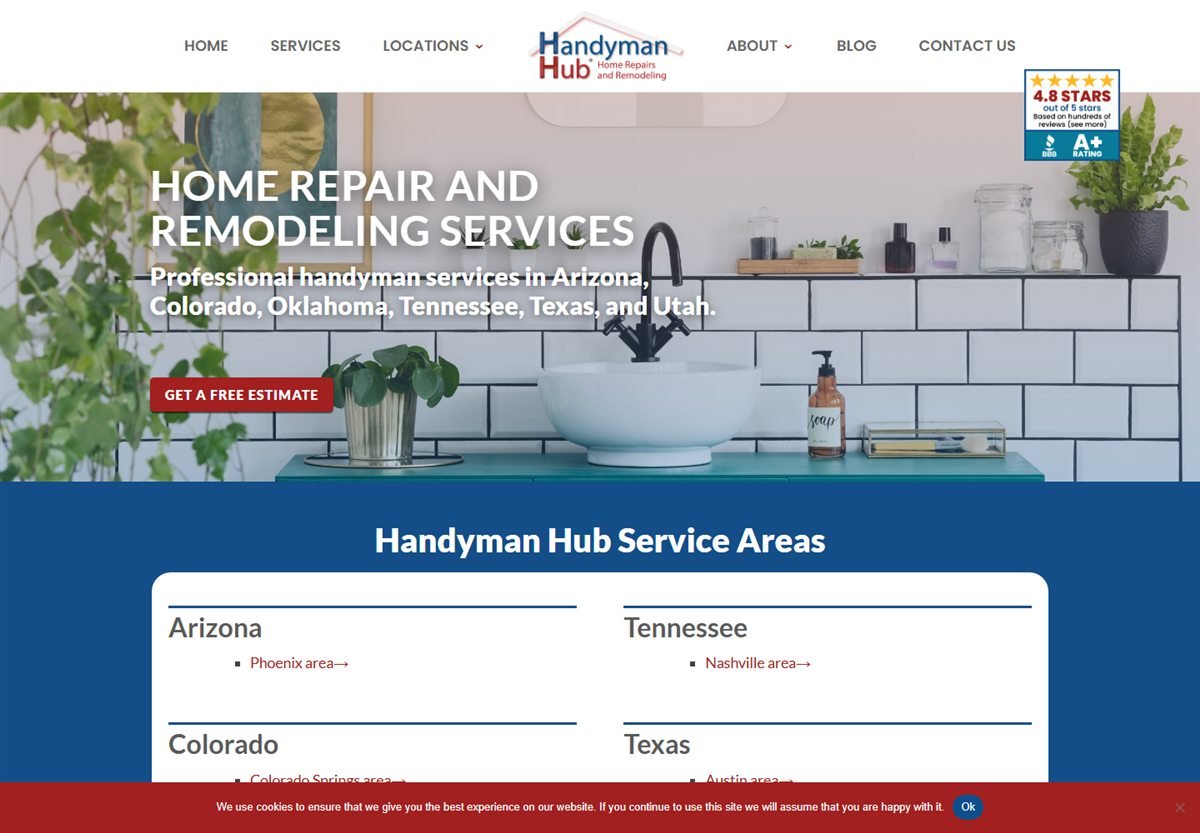 Handyman Hub homepage hero featuring home repair and remodeling services with an estimate request button.
