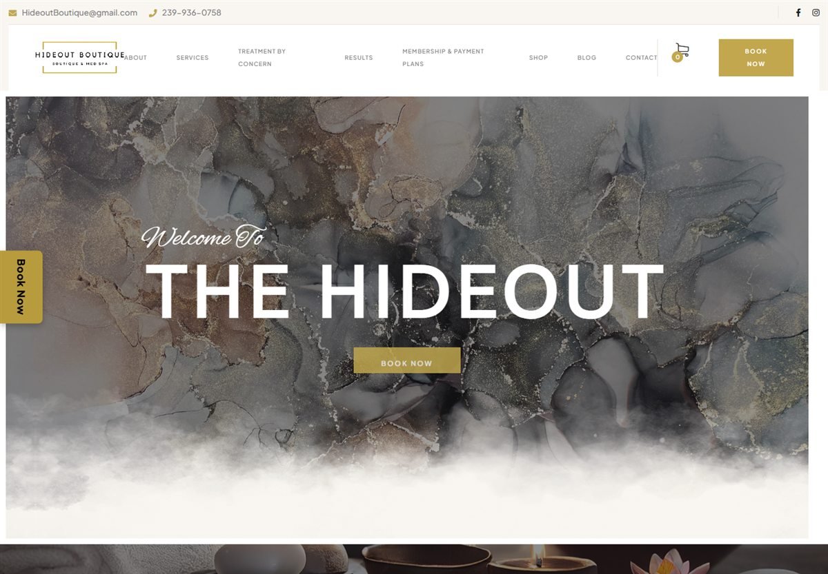 Hideout Boutique homepage hero for its Fort Myers med spa, with a treatment booking call to action.