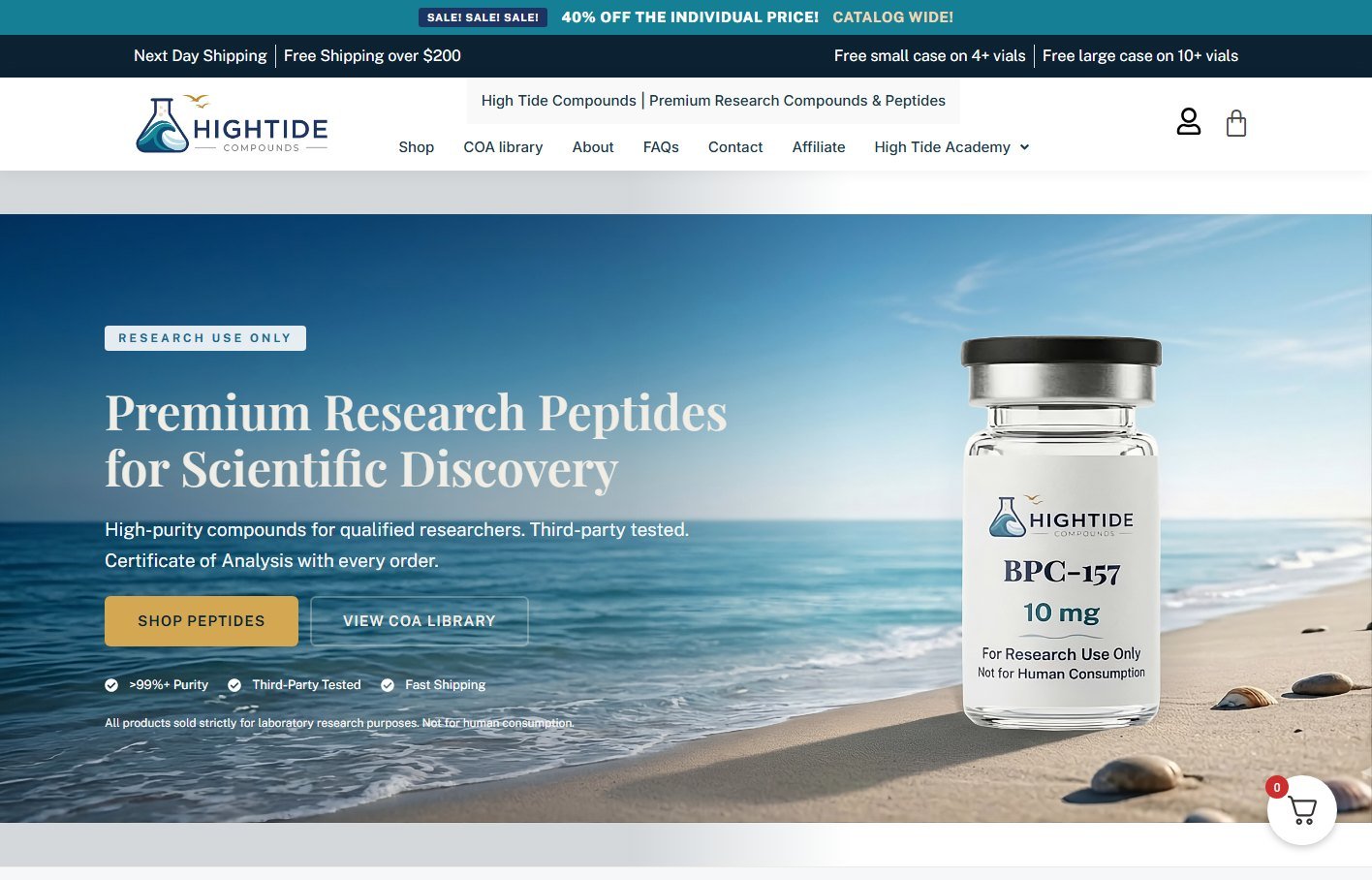 High Tide Compounds homepage hero with research-use-only product information and a COA library link.