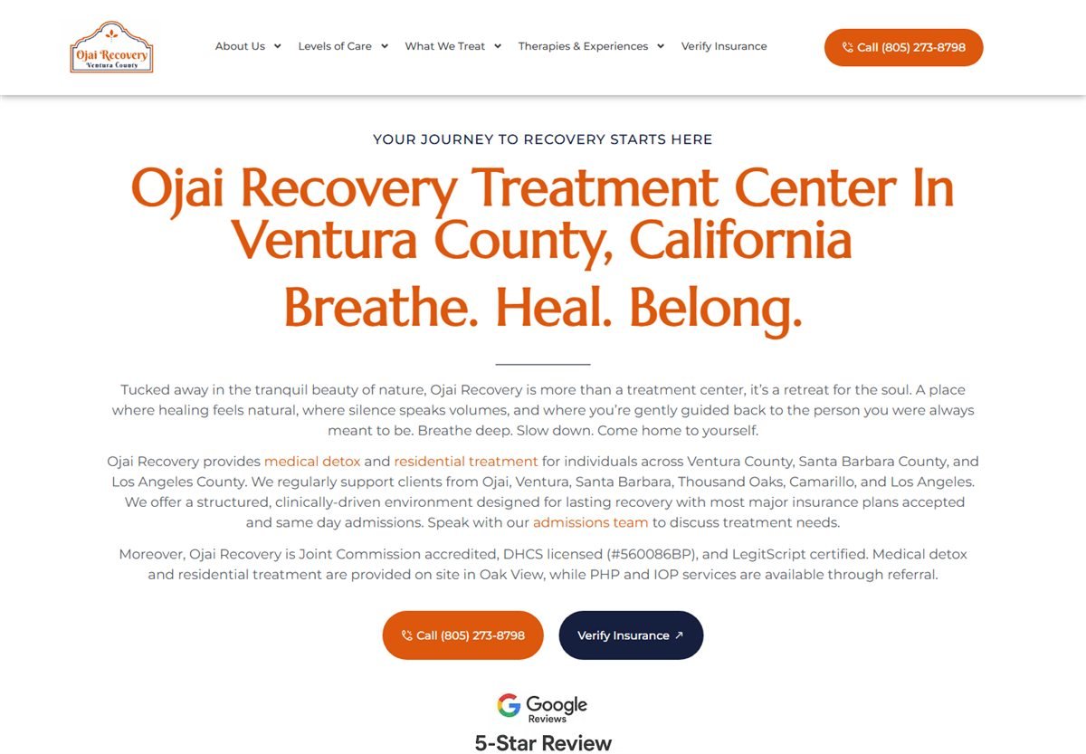 Ojai Recovery homepage hero introducing its addiction treatment center in Ventura County, California.