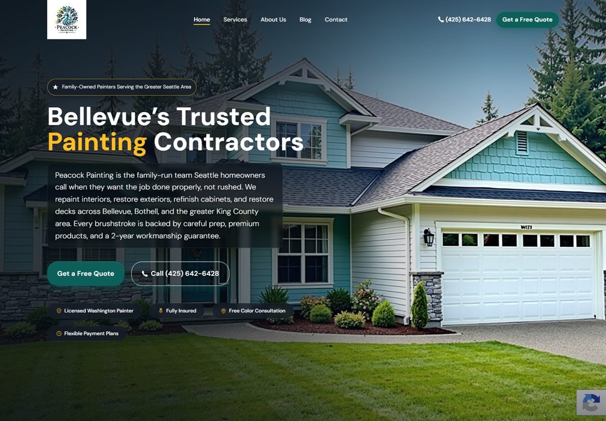 Peacock Painting homepage hero presenting painting contractor services for Seattle-area homeowners.